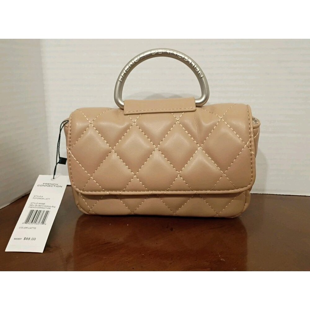 French Connection Quilted Top Handle Crossbody Bag Purse Mell in Latte